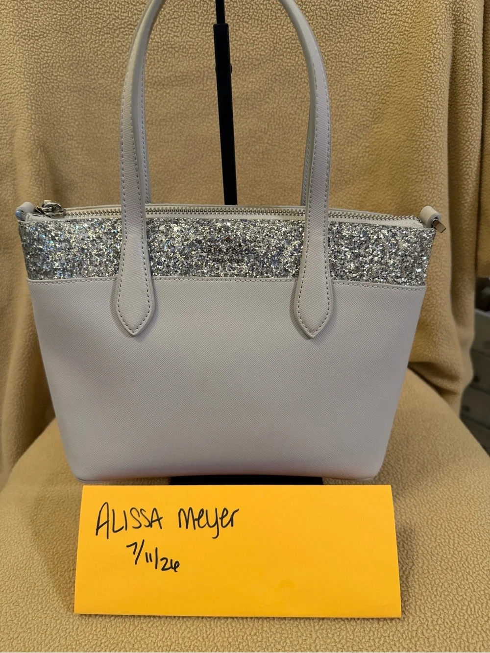 kate spade White Tote with Silver Glitter Trim